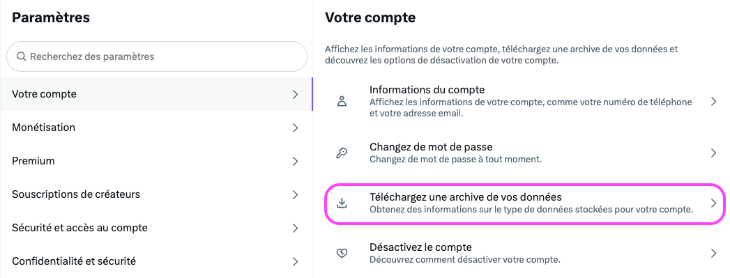 Capture d'écran du menu de paramètres pour télécharger son archive