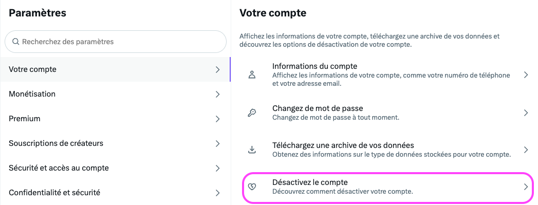 Capture d'écran du menu de paramètres pour supprimer son compte