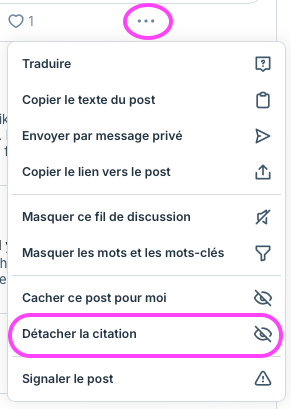 Capture d'écran de l'option pour détacher un post cité