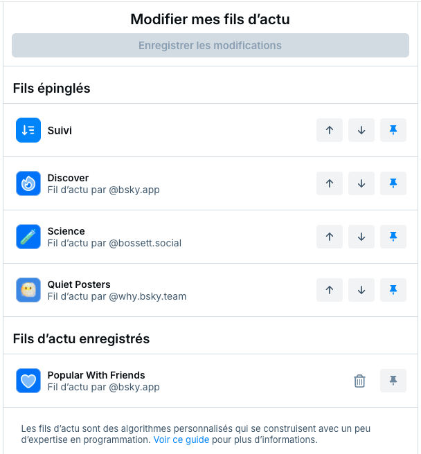 Capture d'écran du menu fils d'actu