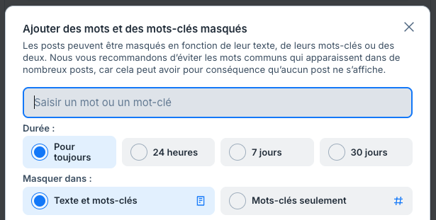 Capture d'écran de l'option pour masquer des mots
