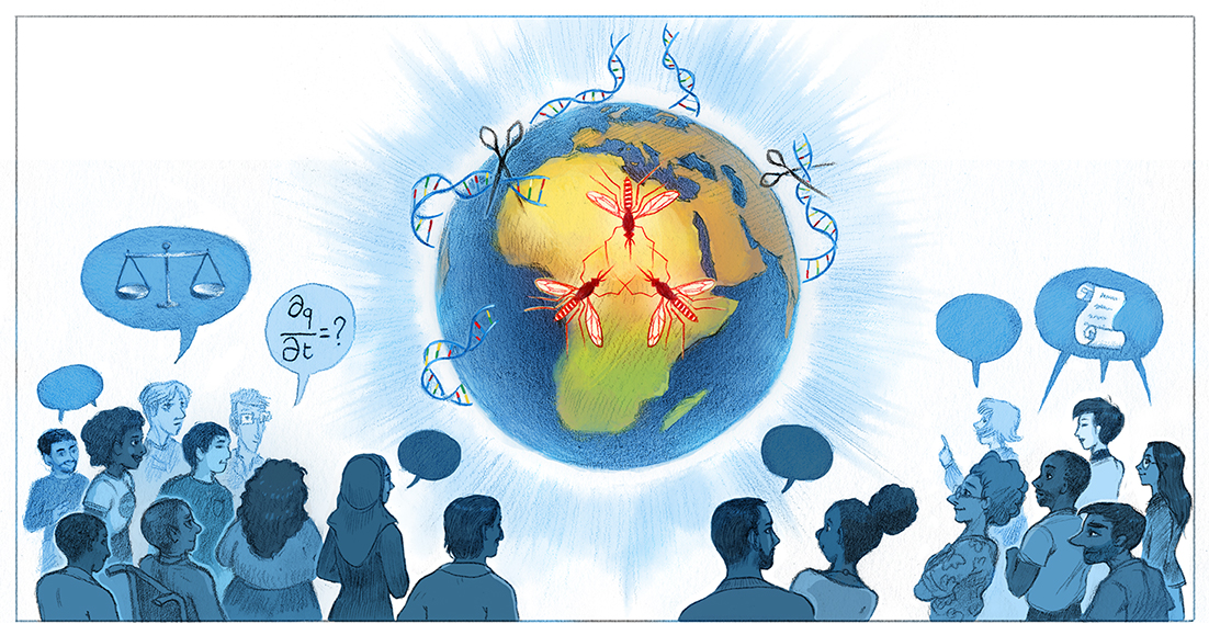 illustration for the workshop: planet earth with mosquitos and DNA and scissors, people around of different ethnicities, discussing and asking questions